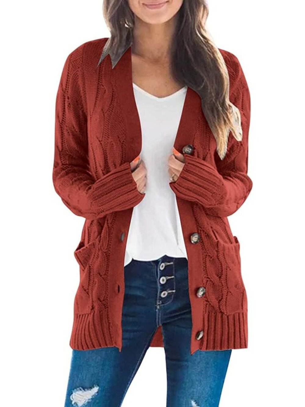 Cozy Long Sleeve Open Front Cardigan Sweater with Pockets - Cable Knit Style